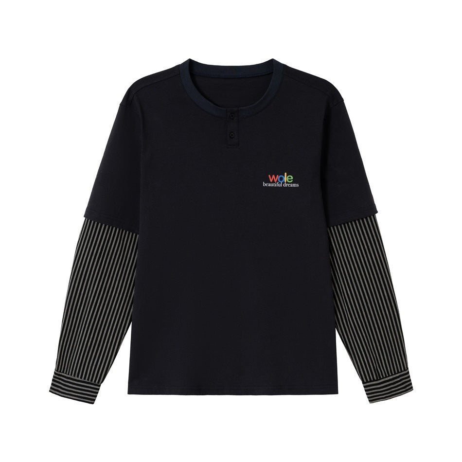 Unisex Lagenlook-Langarmshirt mit Henley-Knopfleiste und gestreiften Armeinsätzen Drune