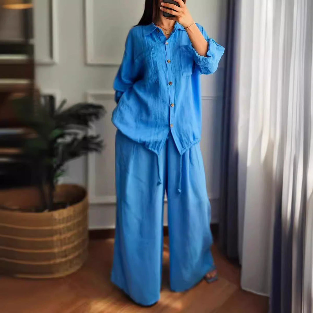 Damen Leinen-Set mit weiten Hosen undlässiger Bluse Drune