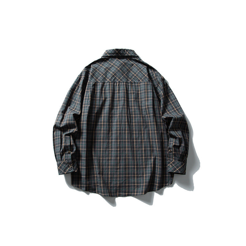 Unisex Oversize Kariertes Hemd mit Stehkragen, Brusttasche und gerundetem Saum Drune