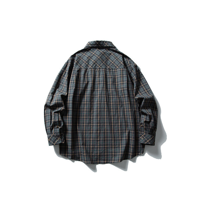 Unisex Oversize Kariertes Hemd mit Stehkragen, Brusttasche und gerundetem Saum Drune