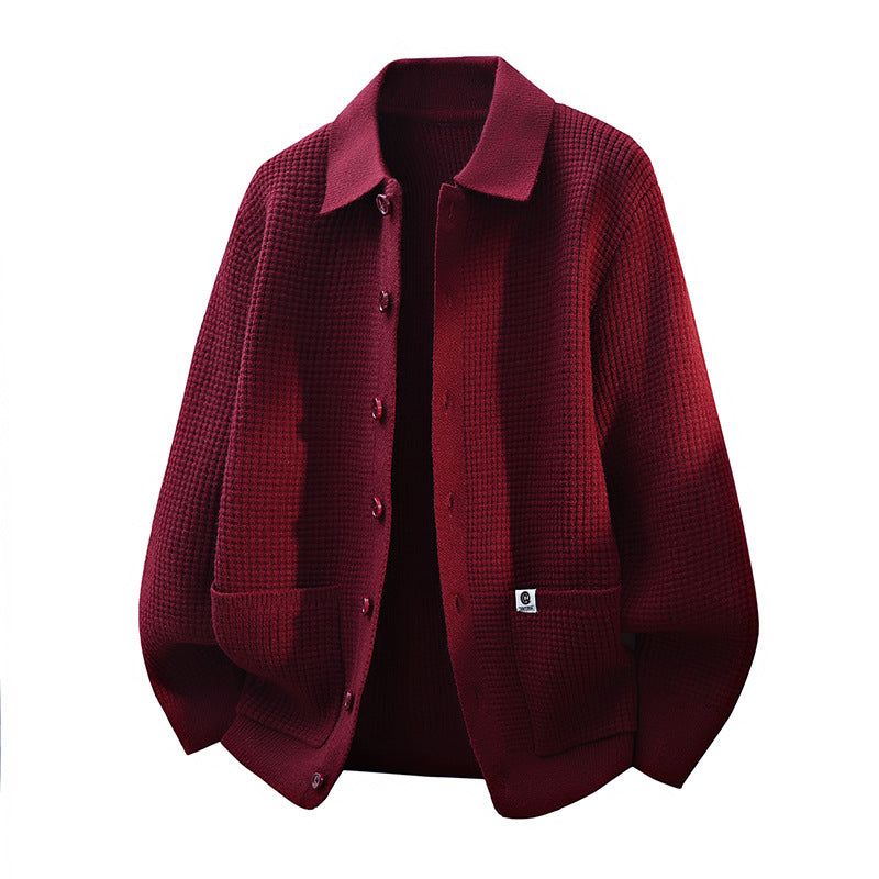 Herren Grobstrukturierte Hemdjacke-Strickcardigan mit Waffelstruktur, Hemdkragen & aufgesetzten Taschen Drune