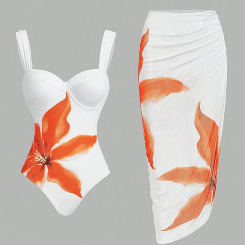 Damen Badeanzug mit elegantem floralem Design und passendem Wickelrock Drune