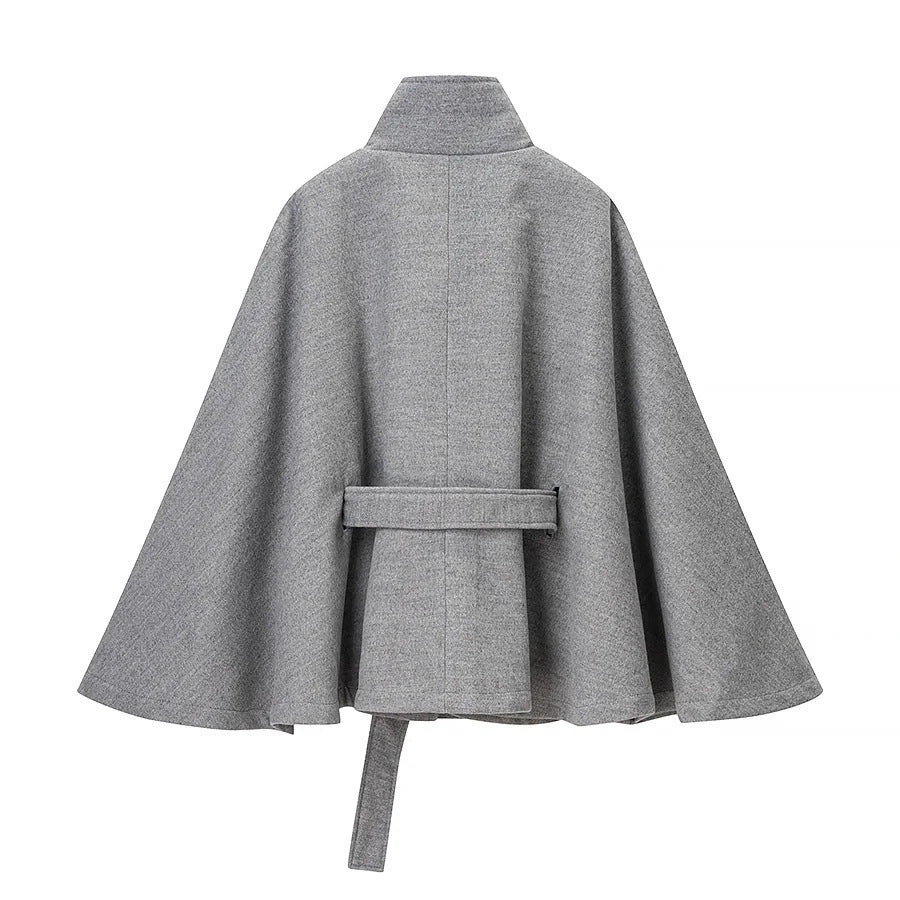 Damen nan taillierter Wollcape-Mantel mit Stehkragen Bindegürtel und verdeckter Knopfleiste Drune