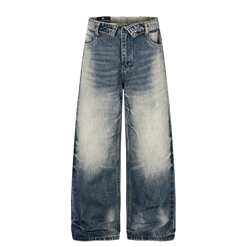 Damen Weite hochgeschnittene Jeanshose im Palazzo‑Schnitt mit Used‑Waschung Drune