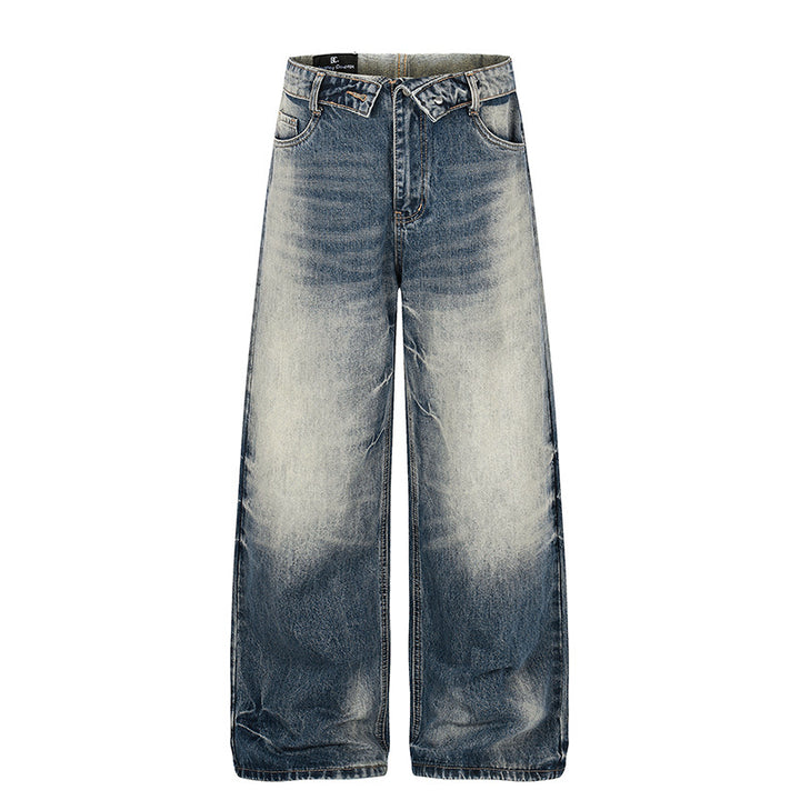 Damen Weite hochgeschnittene Jeanshose im Palazzo‑Schnitt mit Used‑Waschung Drune