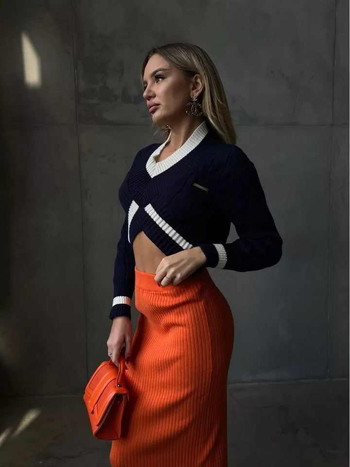 Damen cropped Strickpullover mit V-Ausschnitt und Kontrastdetails Drune