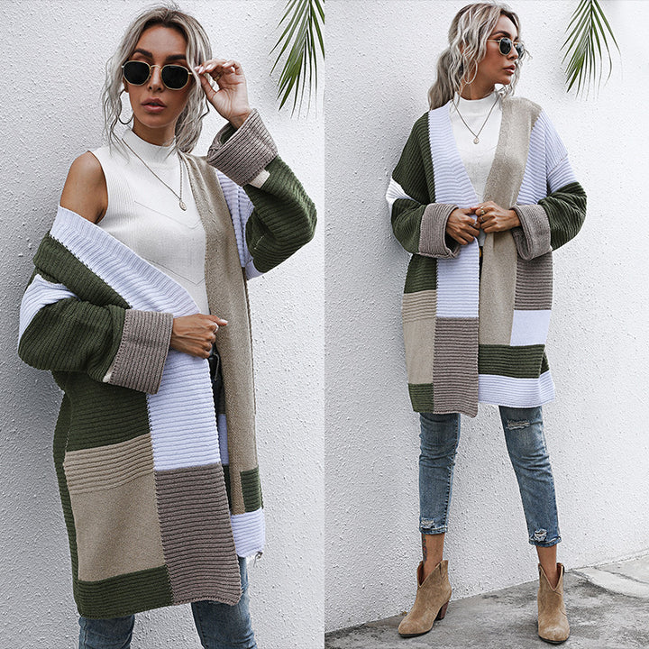 Damen Oversize Strickcardigan mit Colorblock‑Patchwork und offener Front Drune