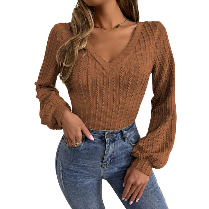 Damen figurbetontes Rippstrick-Bodyshirt mit V-Ausschnitt und Ballonärmeln Drune