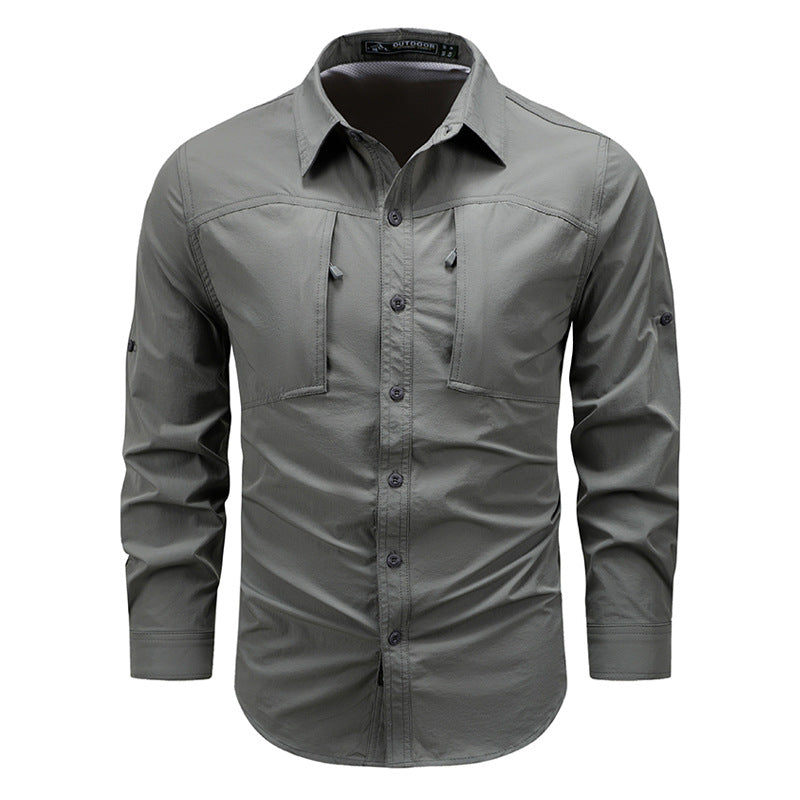Men's  technical long-sleeve outdoor utility shirt with roll-tab sleeves concealed chest pockets and breathable mesh back Drune