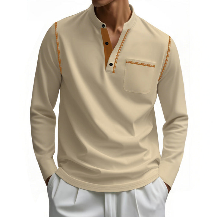 Herren nan Henley-Langarmshirt mit Stehkragen, Brusttasche und kontrastierenden Ziernähten Drune