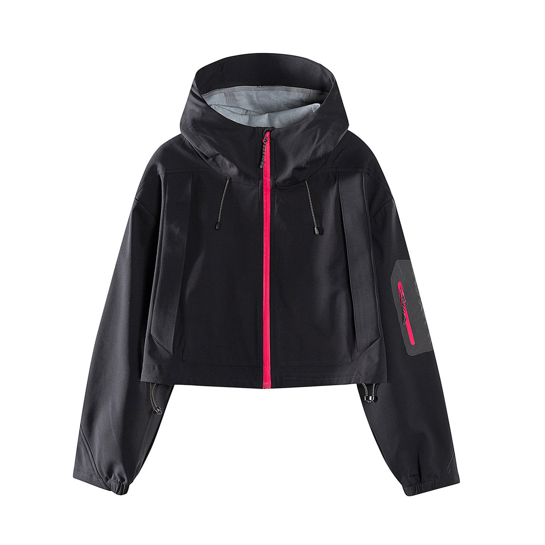 Damen Kurze wasserdichte Kapuzenjacke mit verstellbarem Saum und Ärmeltasche Drune