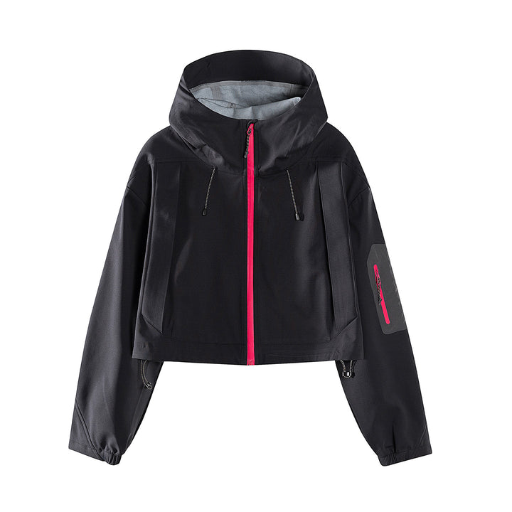 Damen Kurze wasserdichte Kapuzenjacke mit verstellbarem Saum und Ärmeltasche Drune