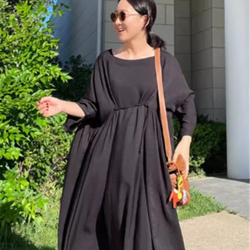 Damen Langes Smock‑Maxikleid mit tiefer Taillennaht und weitem Glockenrock Drune