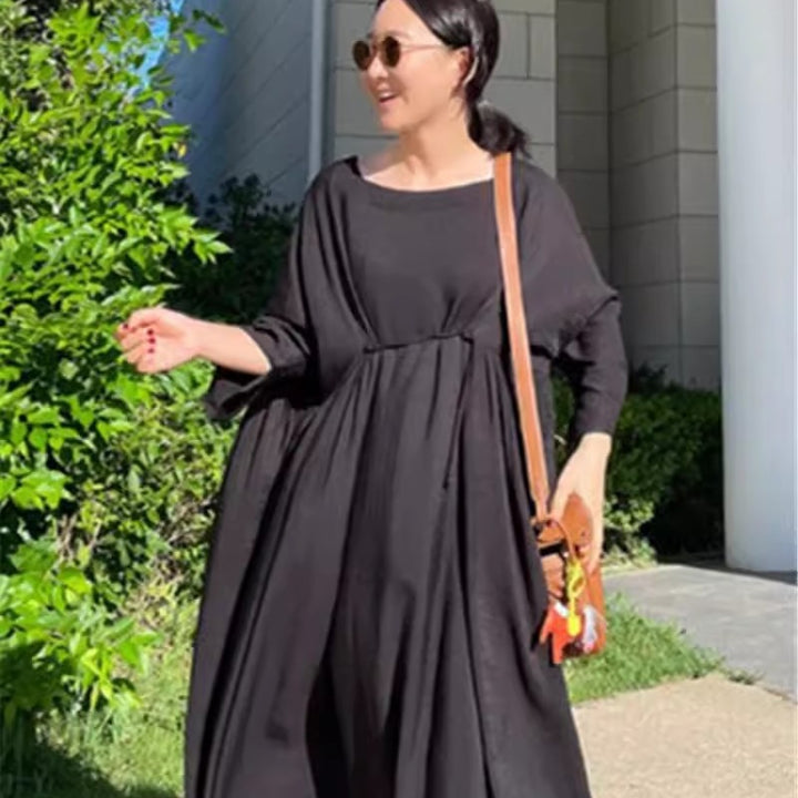 Damen Langes Smock‑Maxikleid mit tiefer Taillennaht und weitem Glockenrock Drune