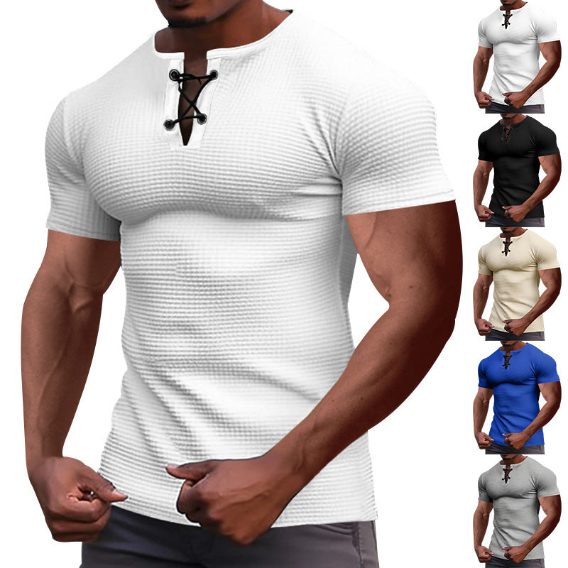 Herren nan Kurzarmshirt mit Schnürkragen, Metallösen und feinem Strukturjersey Drune