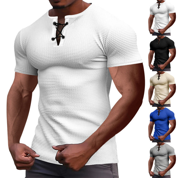 Herren nan Kurzarmshirt mit Schnürkragen, Metallösen und feinem Strukturjersey Drune