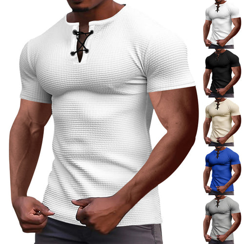 Herren nan Kurzarmshirt mit Schnürkragen, Metallösen und feinem Strukturjersey Drune