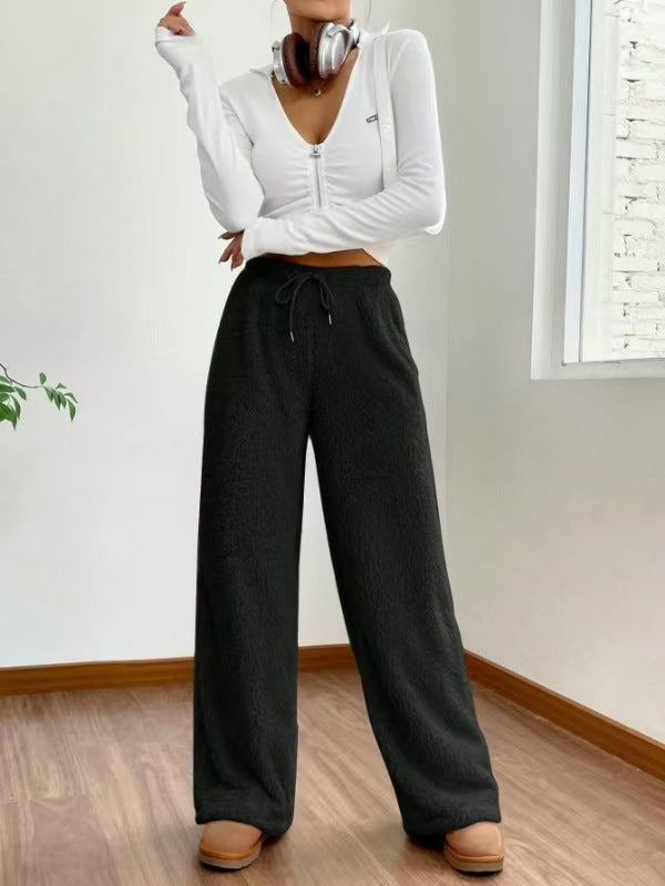 Damen nan hochtaillierte Teddyfleece-Loungehose mit weitem Bein, Kordelzug und seitlichen Eingrifftaschen Drune