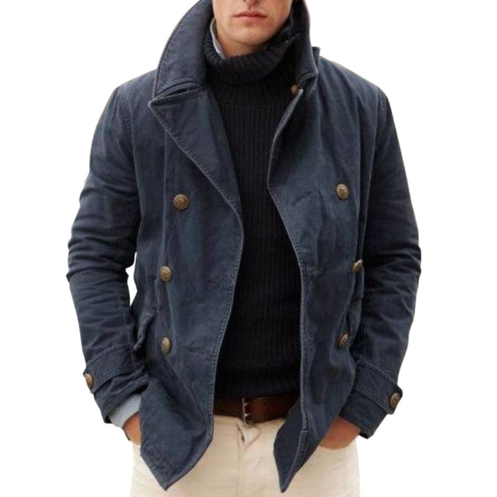 Herren Doppelreihiger Baumwoll-Peacoat mit Marineknöpfen und Stehkragen Drune