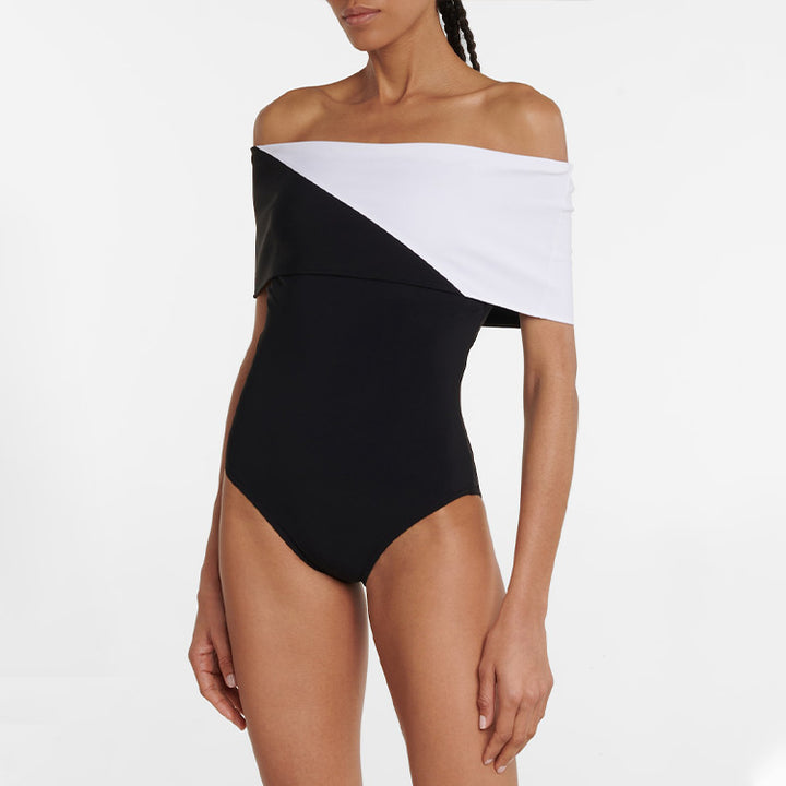 Damen Badeanzug mit modischem Off-Shoulder Design und eleganter Rüschen-Maxiröhre Drune