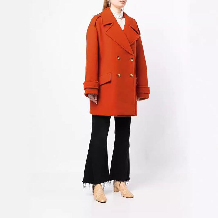 Damen Oversize Zweireihiger Kurzmantel aus Wollmix mit überbreiten Ärmeln und goldenen Zierknöpfen Drune