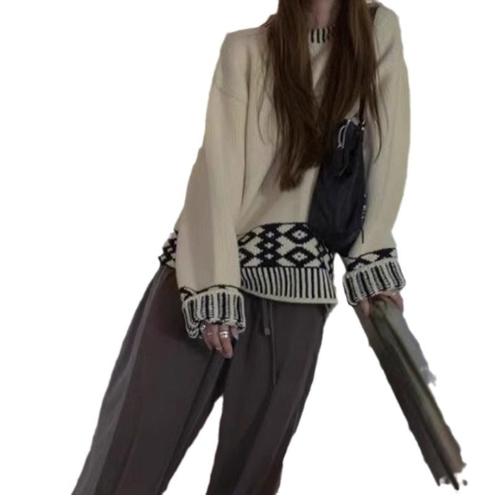 Damen gestrickter Oversize-Pullover mit auffälligem Muster Drune