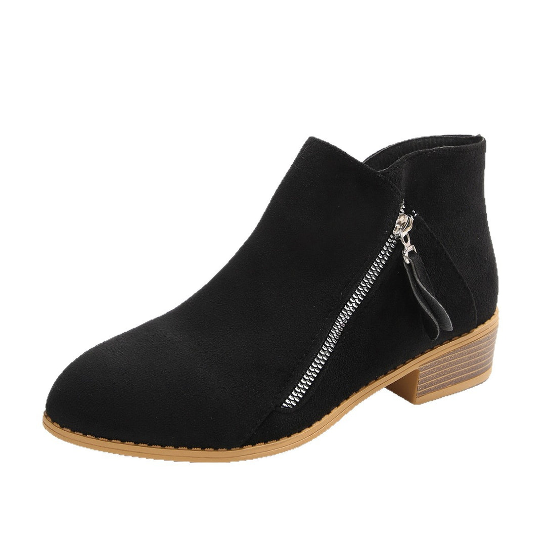Damen Moderne Kurzschaft-Stiefelette mit sichtbarem Metallreißverschluss und niedriger Holzoptik-Blocksohle Drune