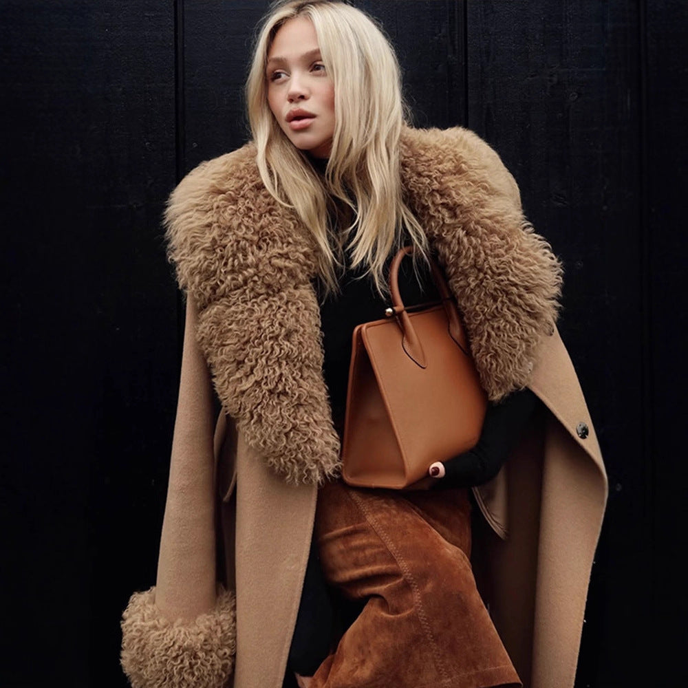 Damen Maxilanger Wollmixmantel mit abnehmbarem lockigem Faux‑Fur‑Schalkragen und Fellmanschetten Drune