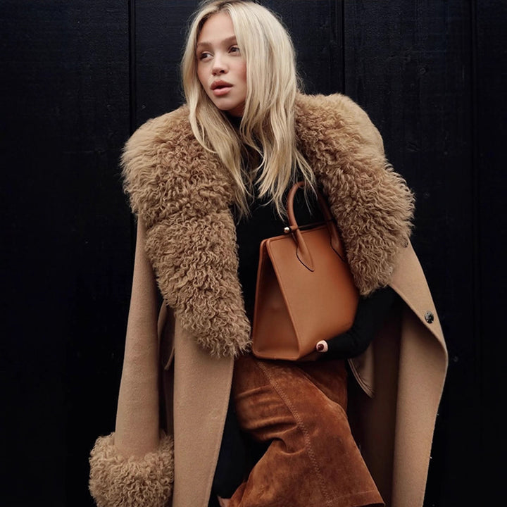 Damen Maxilanger Wollmixmantel mit abnehmbarem lockigem Faux‑Fur‑Schalkragen und Fellmanschetten Drune