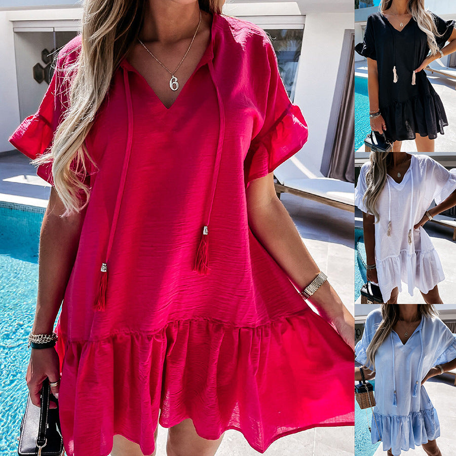 Damen lässiges V-Ausschnitt Sommerkleid mit Rüschendetails und kurzer Ärmel Drune