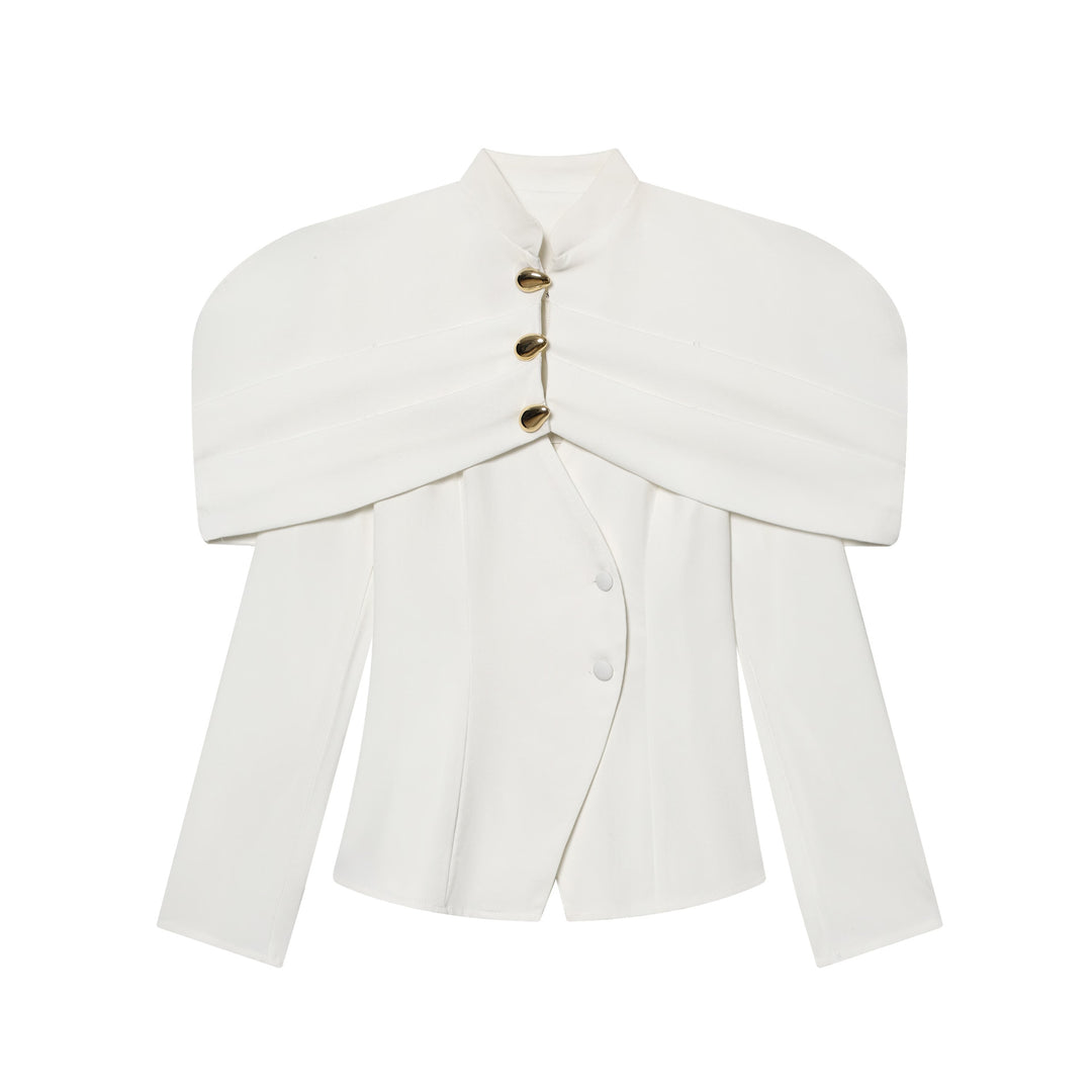 Damen 100+ eleganter taillierter Blazer mit Cape‑Schulter und goldenen Zierknöpfen Drune