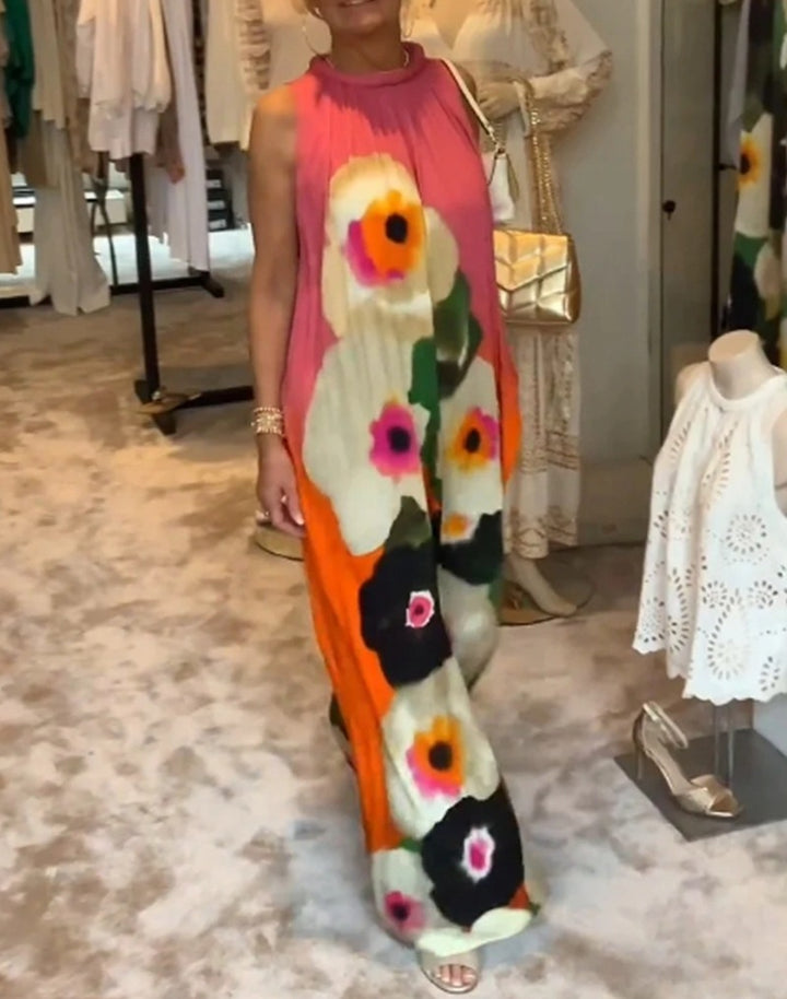 Damen nan ärmelloses Maxikleid mit gerafftem Stehkragen, weitem Palazzoschnitt und großfloralem Druck Drune