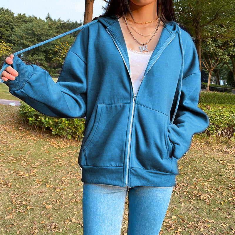 Damen nan legerer Kapuzen-Zipper mit Oversize-Passform, Kängurutaschen und durchgehendem Reißverschluss Drune