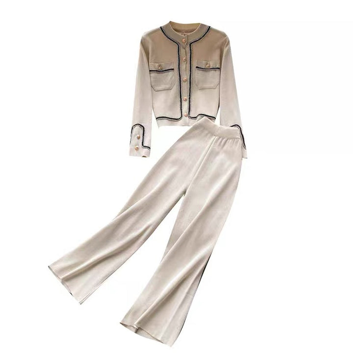 Damen elegantes Strick-Loungewear-Set mit feinen Knopfdetails und weitem Bein Drune