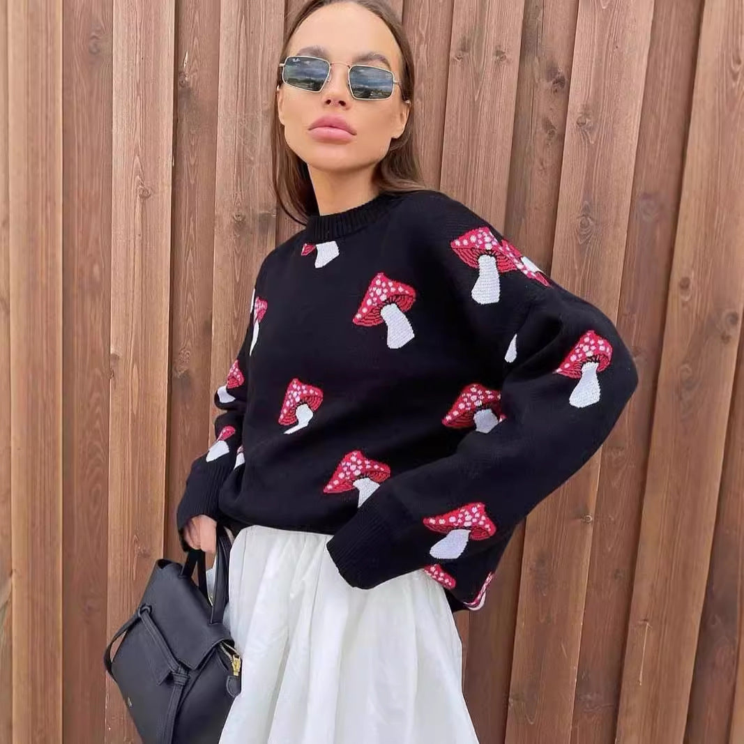 Damen weiter Strickpullover mit Pilzmotiv Rundhals Rippbündchen Drune