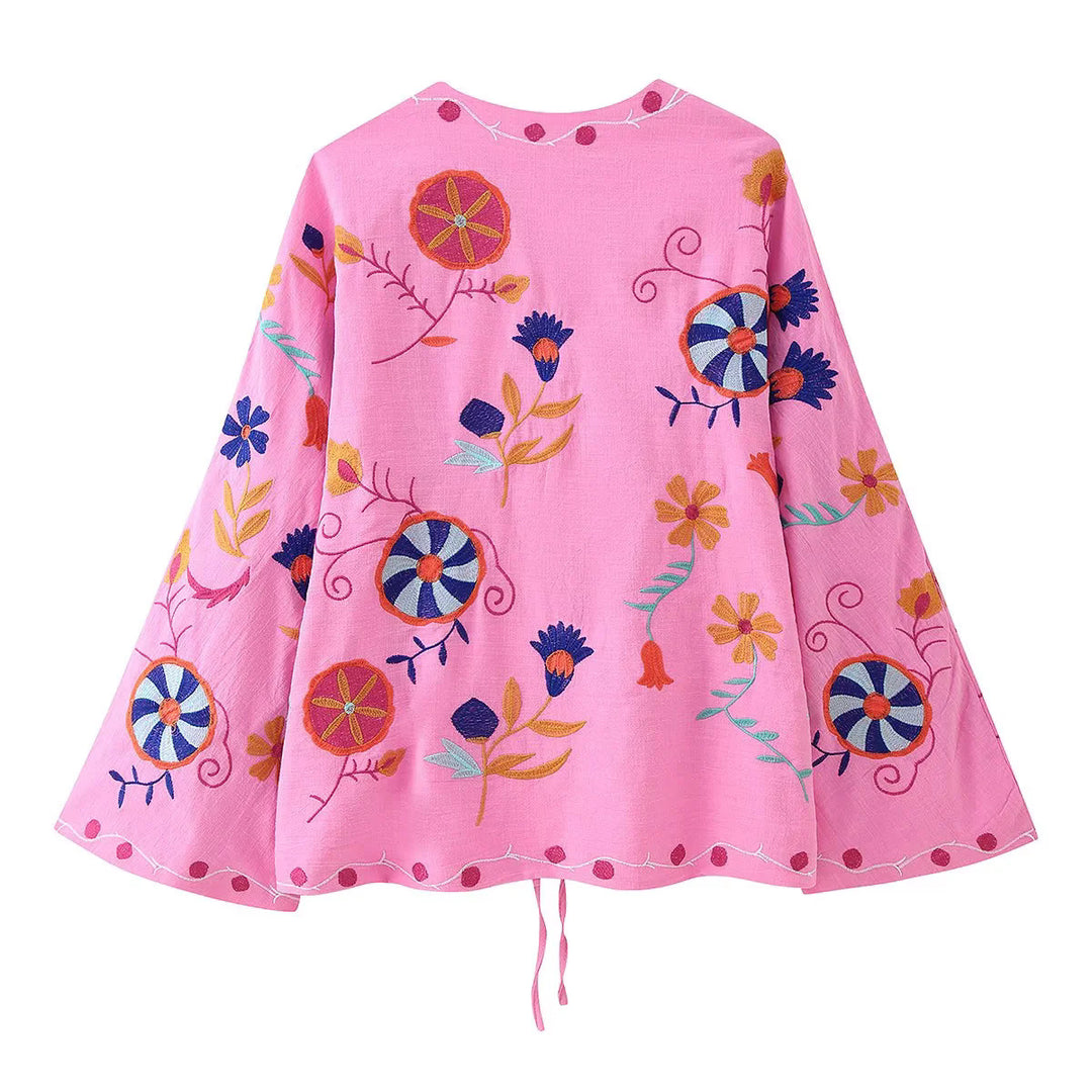 Damen nan leichte bestickte Baumwoll-Kimonojacke im Boho‑Stil mit Bindeband Drune