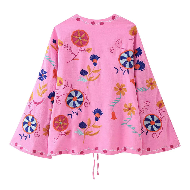 Damen nan leichte bestickte Baumwoll-Kimonojacke im Boho‑Stil mit Bindeband Drune
