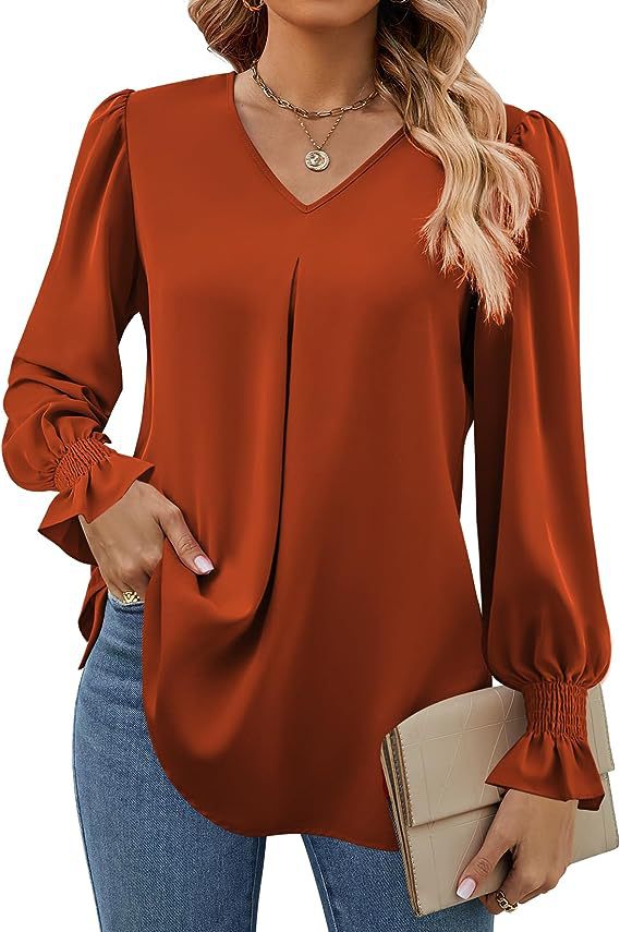 Damen elegante Bluse mit V-Ausschnitt und voluminösen Ärmeln Drune