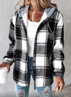 Damen lässige Flanelljacke mit Kapuze und modischem Karomuster Drune