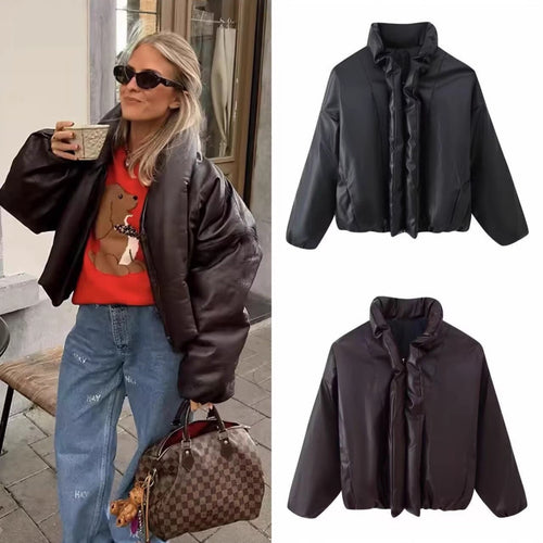 Damen Oversized Kunstleder‑Blouson mit voluminösem Stehkragen und elastischem Saum Drune