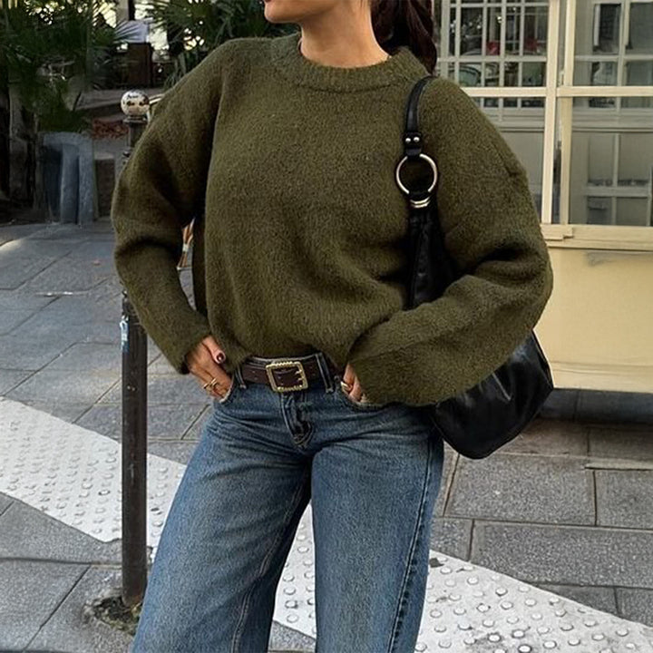Damen nan kuscheliger Oversize-Strickpullover mit Rundhalsausschnitt und voluminösen Ballonärmeln Drune