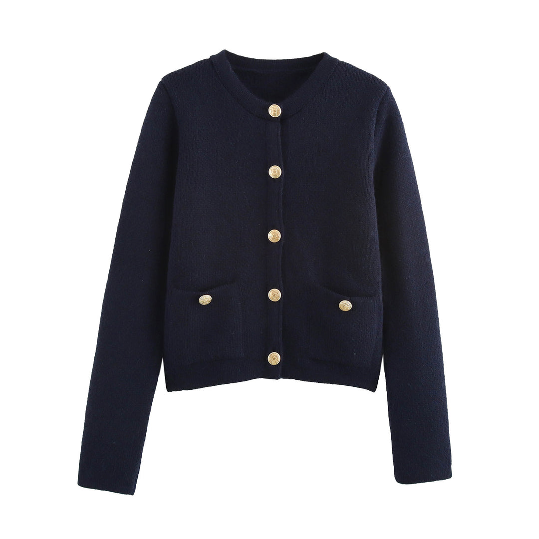 Damen Kurzgeschnittener Bouclé-Cardigan mit Rundhals, Pattentaschen und Münzknöpfen Drune