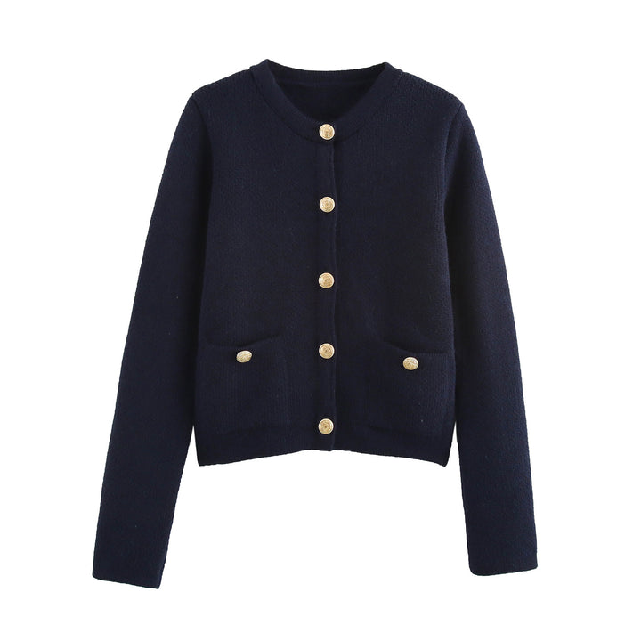 Damen Kurzgeschnittener Bouclé-Cardigan mit Rundhals, Pattentaschen und Münzknöpfen Drune