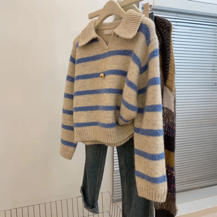 Damen nan kuscheliger Oversize-Strickpullover mit Polokragen und breiten Streifen Drune