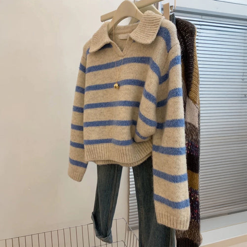 Damen nan kuscheliger Oversize-Strickpullover mit Polokragen und breiten Streifen Drune