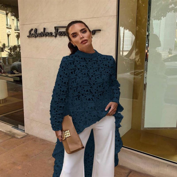 Damen edles Spitzenoberteil mit asymmetrischem Saum und Volant-Details Drune