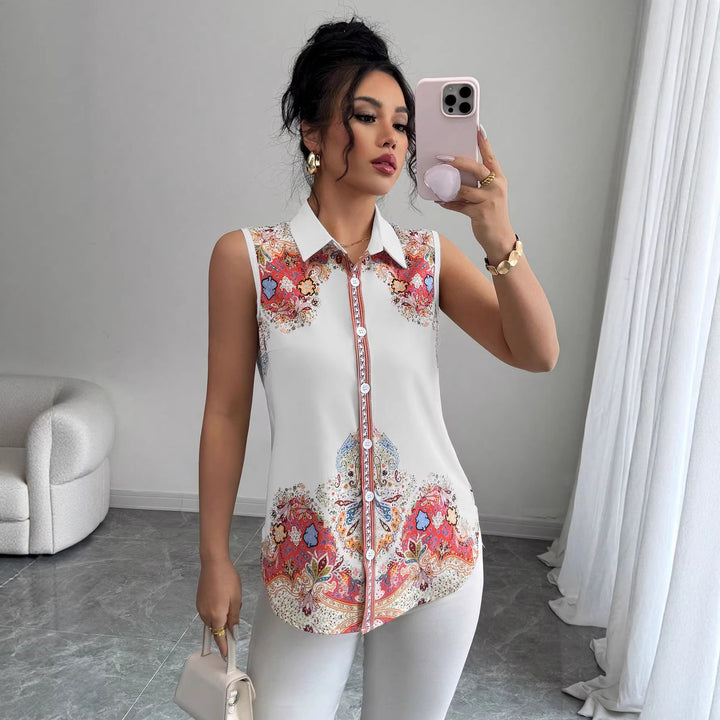 Damen Ärmellose Hemdbluse mit Kentkragen, A-Linien-Silhouette und durchgehender Knopfleiste Drune