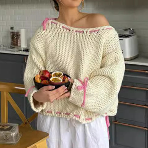 Damen lässiger Strickpullover mit offenen Schultern und Kordelzugdetails Drune
