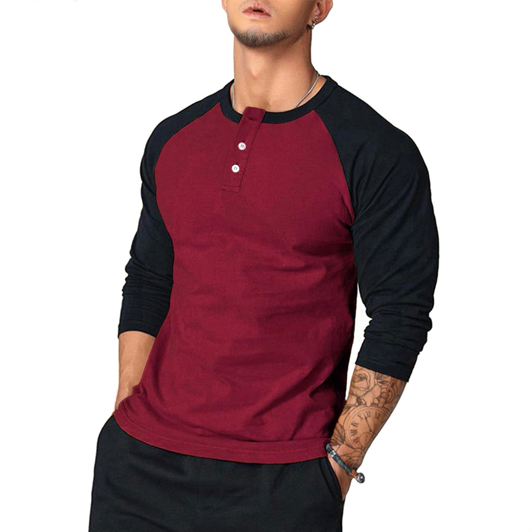 Herren Lässiges Langarm Henley-Shirt mit Kontrastärmeln Drune