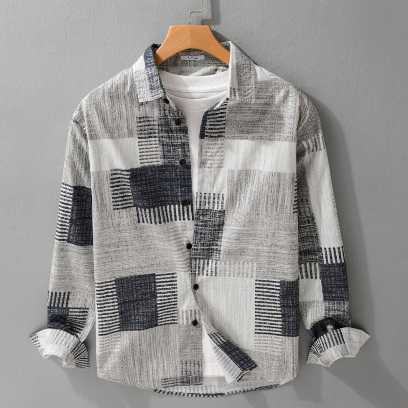 Herren Gemustertes Langarm-Hemd im Patchwork-Look aus leichtem Baumwollmix Relaxed Fit Drune